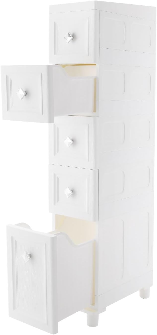 4 Drawer Narrow Floor Cabinet,4 Tier Plastic Slim Storage Cabinet with Drawers,Rolling Storage Cart with Drawers for Small Space,Bathroom,Living Room(8.7" W)