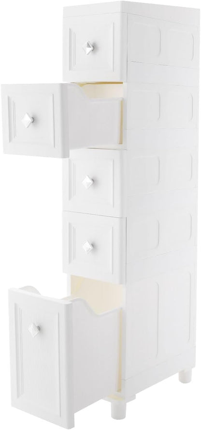 4 Drawer Narrow Floor Cabinet,4 Tier Plastic Slim Storage Cabinet with Drawers,Rolling Storage Cart with Drawers for Small Space,Bathroom,Living Room(8.7" W)