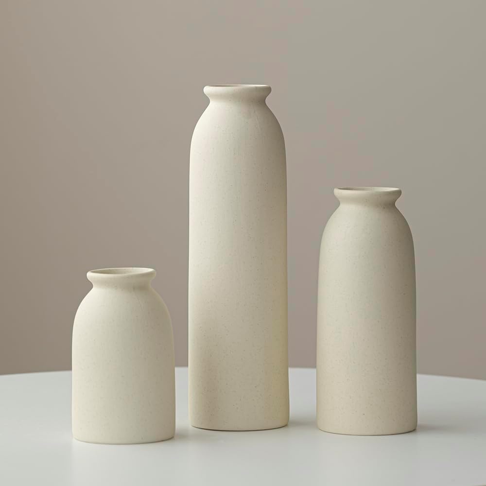 Ceramic Vase Set-3, Small Flower Vases for Decor, Modern Boho Farmhouse Style, Decorative Vases for Pampas Grass & Dried Flowers, Distressed Finish (Beige)