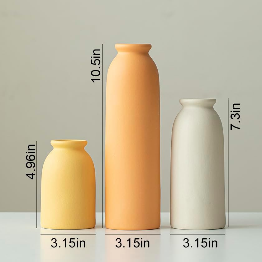 Ceramic Vase Set-3, Small Flower Vases for Decor, Modern Boho Farmhouse Style, Decorative Vases for Pampas Grass & Dried Flowers, Distressed Finish (Beige)