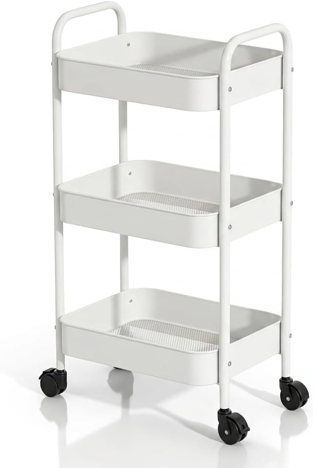3-Tier Metal Rolling Cart with Smooth Casters, Lightweight Storage Utility Cart Mobile Organizer Rack, Multi-Purpose Basket Shelf for Kitchen, Bathroom, Closet, Pantry-Black