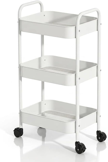 3-Tier Metal Rolling Cart with Smooth Casters, Lightweight Storage Utility Cart Mobile Organizer Rack, Multi-Purpose Basket Shelf for Kitchen, Bathroom, Closet, Pantry-Black