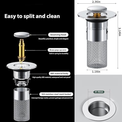 Stainless Steel Floor Drain Filter,Bathroom Sink Stopper Hair Catcher with Removable Stainless Steel Filter Basket Hair Catcher,Isolate Odor Pop Up Sink Drain Filter（2Pcs） (2Pcs)