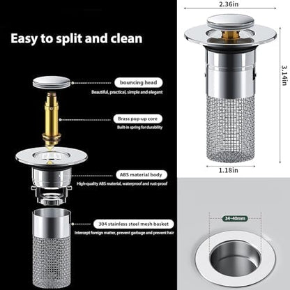 Stainless Steel Floor Drain Filter,Bathroom Sink Stopper Hair Catcher with Removable Stainless Steel Filter Basket Hair Catcher,Isolate Odor Pop Up Sink Drain Filter（2Pcs） (2Pcs)