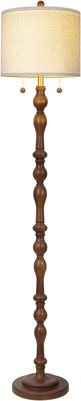 Scenekoy 65.5” Natural Real Wood Floor Lamp for Living Room Bedroom, Dual S Cluster Socket, Pull Chains Switch, Farmhouse Tall Standing Lamp with Linen Shade for Home Room Decor (Bulbs Included)