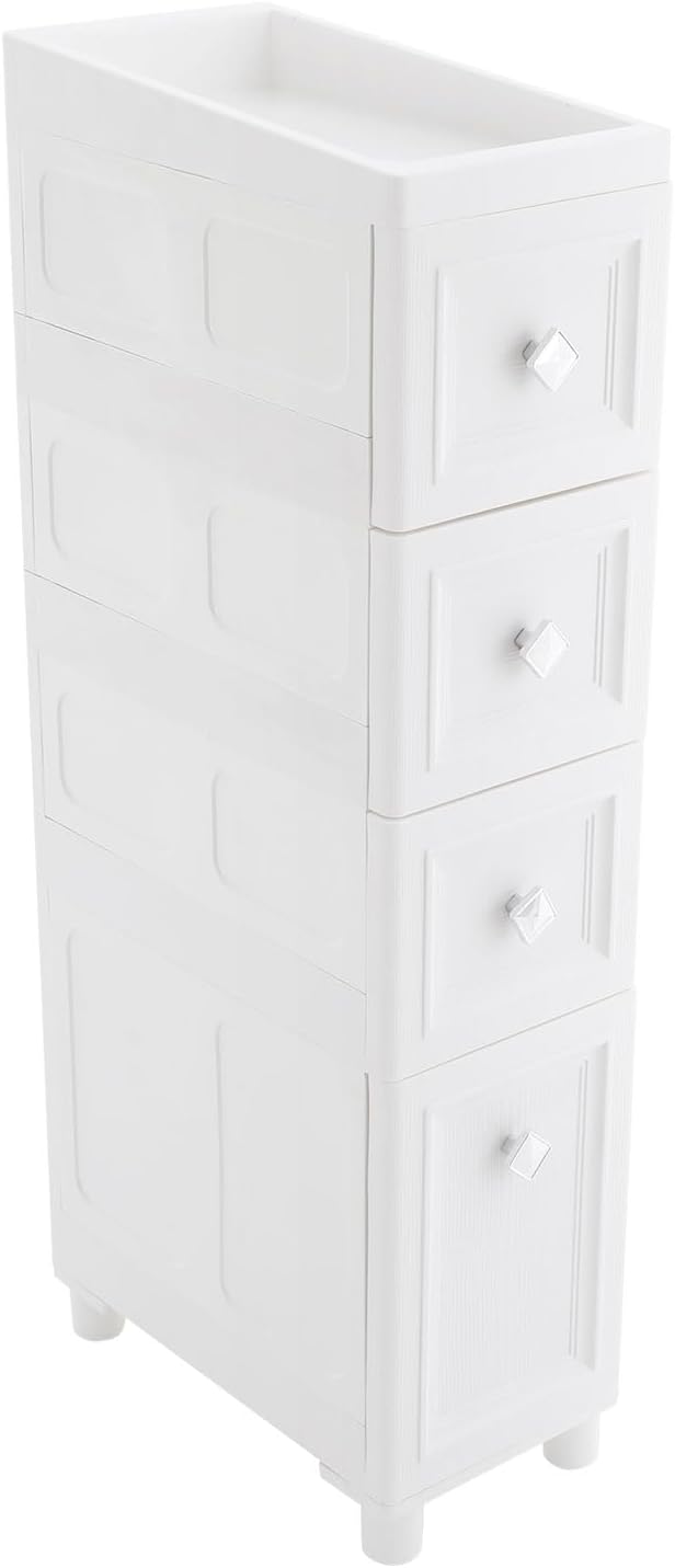 Slim Bathroom Storage Cabinet Freestanding Narrow Plastic Rolling Cart Bathroom Organizer with Drawers for Small Space Office, White (4-Tier)