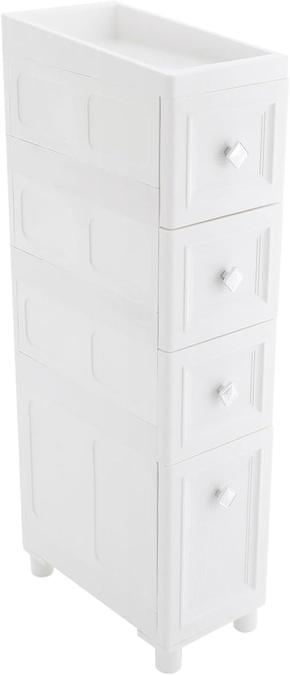 Slim Bathroom Storage Cabinet Freestanding Narrow Plastic Rolling Cart Bathroom Organizer with Drawers for Small Space Office, White (4-Tier)