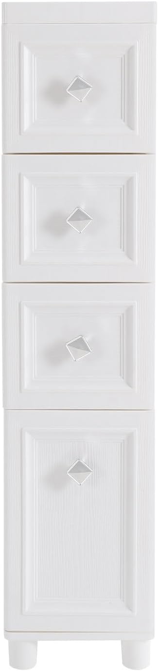 4 Drawer Narrow Floor Cabinet,4 Tier Plastic Slim Storage Cabinet with Drawers,Rolling Storage Cart with Drawers for Small Space,Bathroom,Living Room(8.7" W)