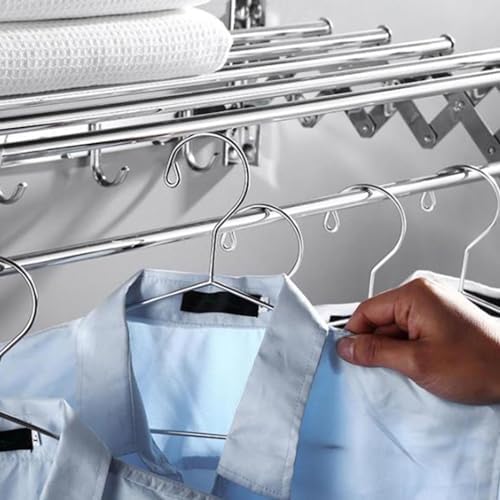 Stainless Steel Wall Mounted Towel Rack Clothes Airer Laundry Drying Rack Folding Adjustable Collapsible Space Saver Dryer Bath Towel Rail Bar with Hooks(Size:60cm)