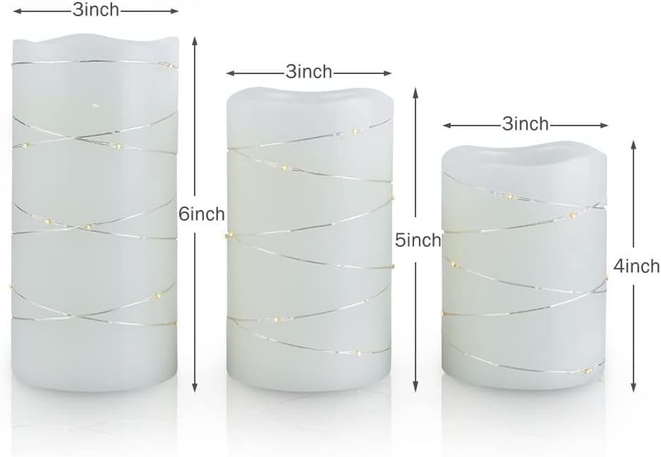 H-BLOSSOM Flickering Flameless Candles Ivory Real Wax Pillar with Embedded String Lights LED Candles Battery Operated with Cycling 5H Timer Set of 3 (3" x 4"/5"/6") (Ivory)