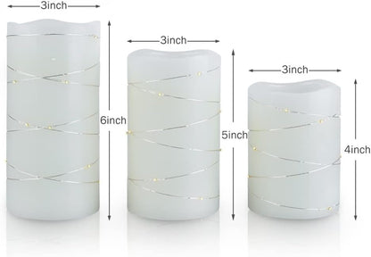 H-BLOSSOM Flickering Flameless Candles Ivory Real Wax Pillar with Embedded String Lights LED Candles Battery Operated with Cycling 5H Timer Set of 3 (3" x 4"/5"/6") (Ivory)