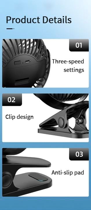 Compact USB Rechargeable Clip on Fan, 6 Inches Portable Personal Fan for Outdoors, Car Seat, Gym - Black