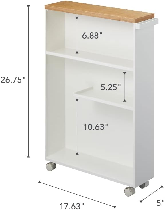 Yamazaki Home Slim Rolling Storage Cart – Narrow Bathroom Storage Cabinet With Handle, Slim Bathroom Storage Cart With Wheels, Easy Assembly, Steel + Wood, White, 27" - Steel -