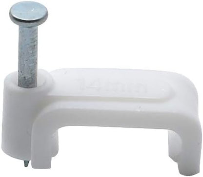 Flat Ethernet Cable Wire Clips with Nail, 14mm, White | Single Coaxial Cable Clamps, Cable Management