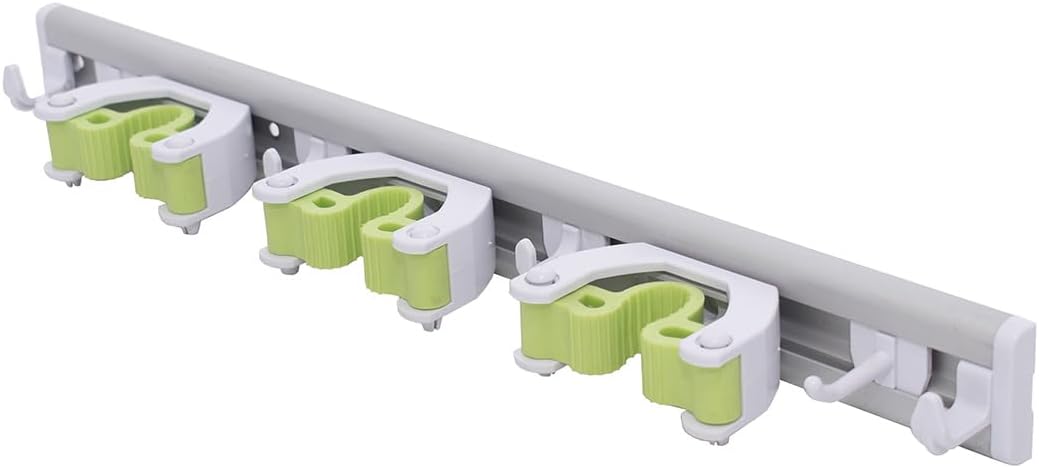 Pine-Sol Mop and Broom Holder - Hanging Wall Mount Storage Rack with 3 Slots and 6 Hooks - Adjustable Cleaning Tool Organizer for Garage, Kitchen, and Utility Closet