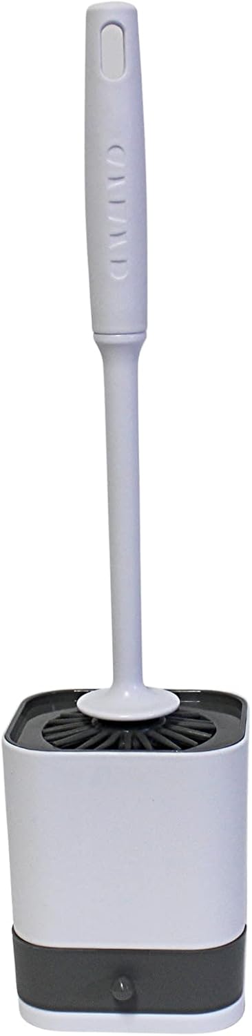 Silicone Toilet Brush with Holder – Wall-Mounted or Freestanding, No-Drill Adhesive Mount, Fast-Drying Ventilated Design with Drip Tray – Long Handle for Deep Cleaning, Compact for Small Bathrooms