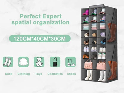 Hanging Shoe Organizer for Closet with 8 Shelves,Mesh Pockets-Wider Hanging Shelves for Shoes,Clothes,Hats with Sturdy Bamboo-Supported Design (Beige)