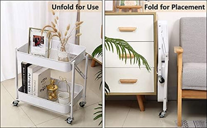 2-Tier Utility Rolling Cart Storage Sofa Side Table with Wheels, Mobile Trolley Organizer with for Office Home Kitchen Organization, Cream White