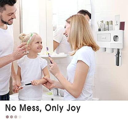 iHave Toothbrush Holders for Bathrooms, 2 Cups Toothbrush Holder Wall Mounted with Toothpaste Dispenser - Large Capacity Tray, Cosmetic Drawer - Tooth Brushing Holder & Bathroom Accessories