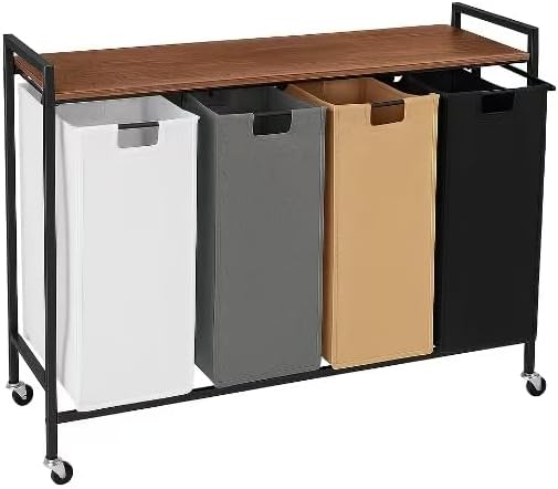 Laundry Sorter 3 Section, Rolling Laundry Hamper with Shelf, 3 Compartment Laundry Basket with Lid, Organizer Rustic Wooden Top (Black)