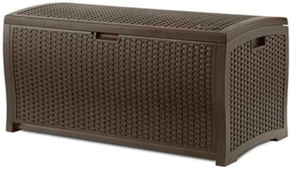 Suncast Outdoor Storage Box - 73 Gallon Mocha Brown Deck Box for Patio, weather-resistant Outdoor Storage Bench, Resin Wicker Style, Heavy-Duty, Lockable Lid for Cushions, Shoes, Pool & Garden Gear