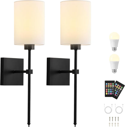 Battery Operated Wall Sconces Set of Two,Wireless Rechargeable Wall Light With Remote Control, Dimmable, Amber Light/Warm White/Natural White/Daylight/RGB, Timer,for Living Room,Bedroom,Entryway,Gold