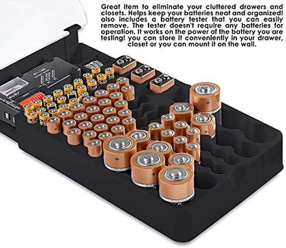 The Battery Storage Case,Organizer with Hinged Clear Cover, with Battery Tester, Holds 93 Batteries Various Sizes, Black, 500036371A2