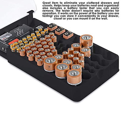 The Battery Storage Case,Organizer with Hinged Clear Cover, with Battery Tester, Holds 93 Batteries Various Sizes, Black