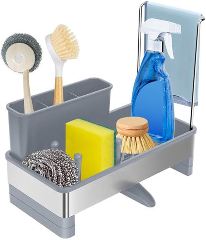 Kitchen Sink Caddy,Sponge Holder for Kitchen Sink with Dish Brush Holder, Auto Drain Tray, Sponge Drain Rack,Stainless Steel Sink Organizer Countertop，Sponge Soap(Grey)