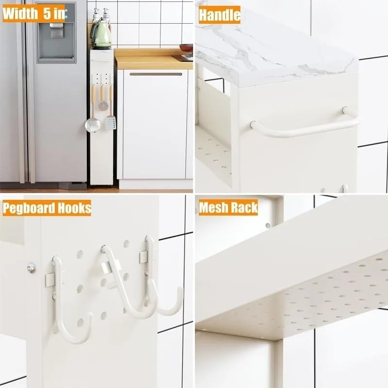 Slim Storage Cart, 5 in Width, 3-Tier White Rolling with Handle & Wooden Top