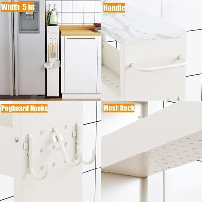 Slim Storage Cart, 5 in Width, 3-Tier White Rolling with Handle & Wooden Top