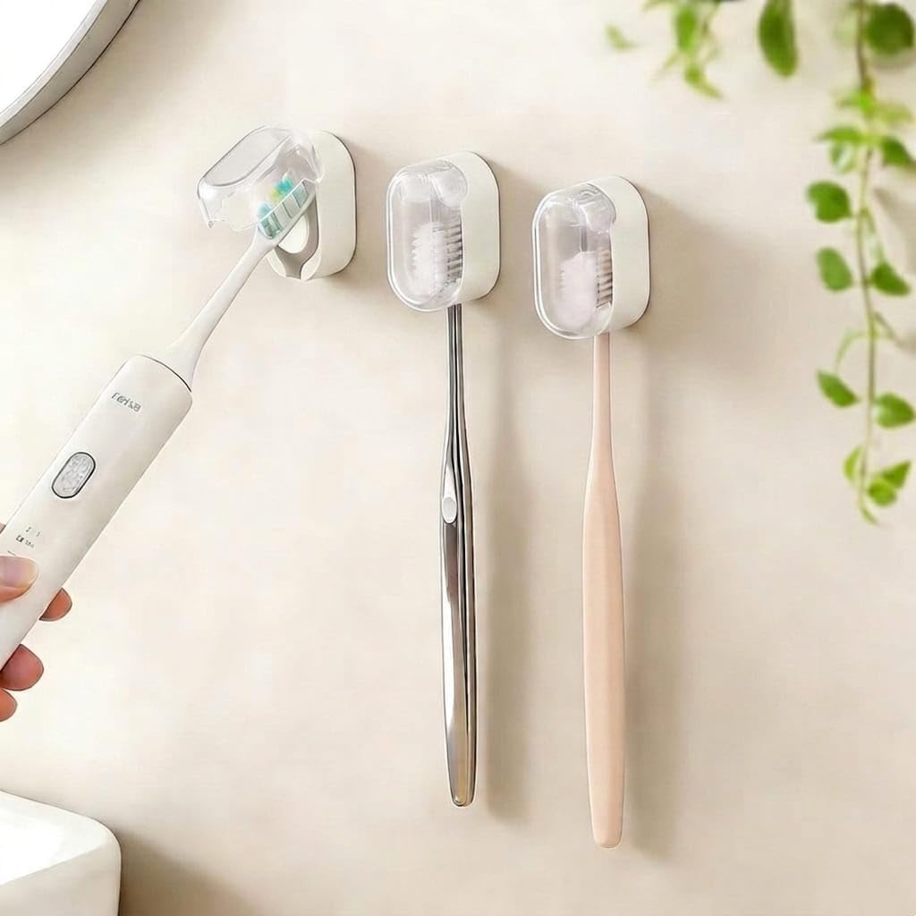 3 PCS Wall Mounted Toothbrush Holders for Bathrooms with Cover, Dustproof Strong Adhesive Toothbrush Holder, No-Drill Space-Saving Shower Toothbrush Organizer Set for Family & Travel (White)