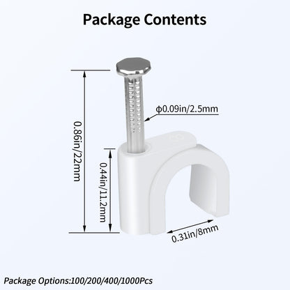 LeMotech Cable Clips, 1000pcs 8mm Wire Wall Clips with Steel Nails, Coaxial Nail Clamps for Cable Cord Management RG6 RG59 CAT5e CAT6 RJ45 Ethernet Cable Clamps, White