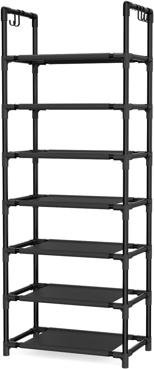 LANTEFUL 10 Tiers Tall Shoe Rack 20-25 Pairs Boots Organizer Storage Sturdy Narrow Shoe Shelf for Entryway, Closets with Hooks, Black