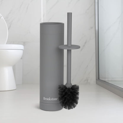 BROOKSTONE Toilet Brush and Holder Set for Bathroom with Splash Guard for Deep Cleaning, Compact and Space Saving Stylish Toilet Bowl Cleaners, Chrome