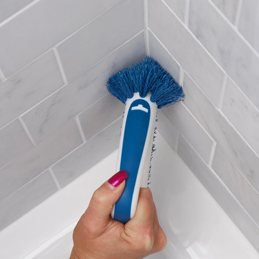 Unger EZ Reach Shower Tub and Tile Scrub Brush, Crevice Bathroom Cleaning Supplies, Non-Scratch Scrubber Tool for Showers, Fixtures, Bathtubs, Drains, Grout, and Marble