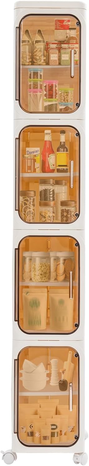 4-Tier Stackable Narrow Storage Cabinet with Wheels and Doors,Slim Plastic Rolling Cart with Adjustable Shelves,Foldable Floor Cabinets for Small Space, Bathroom,Kitchen,Beige