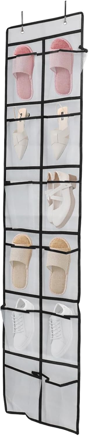 Over the Door Shoe Organizer, 12 Mesh Pockets Hanging Shoe Organizer with 4 Metal Hooks (Black)