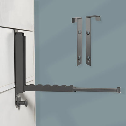 Folding Clothes Drying Rack with 3 Brackets for Over The Door and Wall Mount, All Metal Laundry Dryer Rack with Retractable Rod for Towel, Fit Doors Thickness from 0.59in to 1.96in (Space Grey)