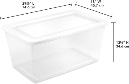Sterilite 6 Pack Storage Box, 41 Quart Stackable Tote, Clear Plastic Container with Secure Snapping White Lids for Home and Office Organization