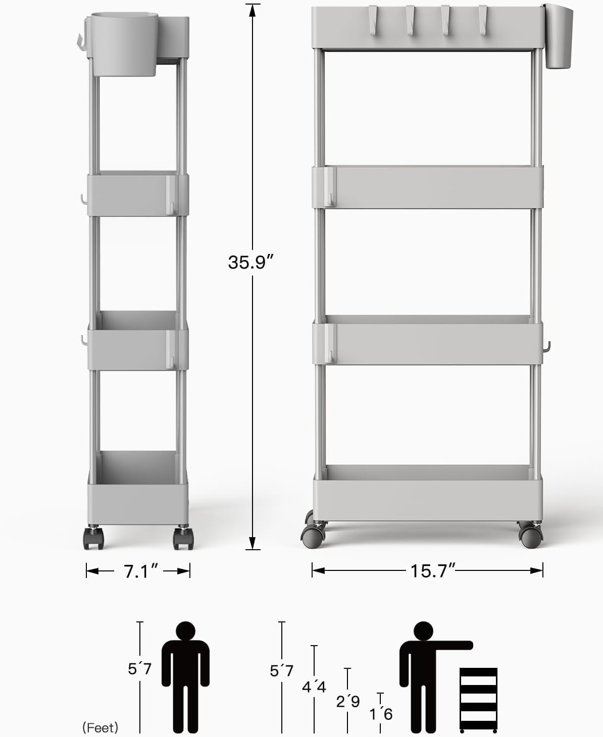 Pipishell Slim Storage Cart with Wheels - Bathroom Cart Organizer Storage, 4 Tier Rolling Carts for Bathroom, Laundry Room, Kitchen, Narrow Space, Black PIUC05