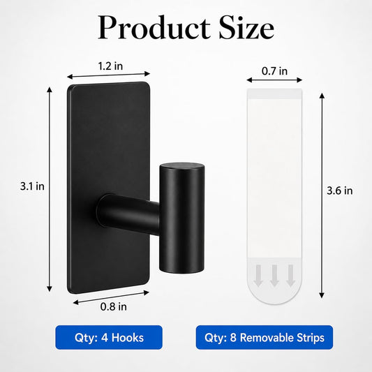 Removable Towel Hooks for Bathrooms, Heavy Duty Adhesive Hooks for Walls No Damage, Black Home Storage Hooks for Inside Shower, Sticky Hooks for Hanging Robe Coat Loofah Clothes Kitchen, 14Pcs Sus304