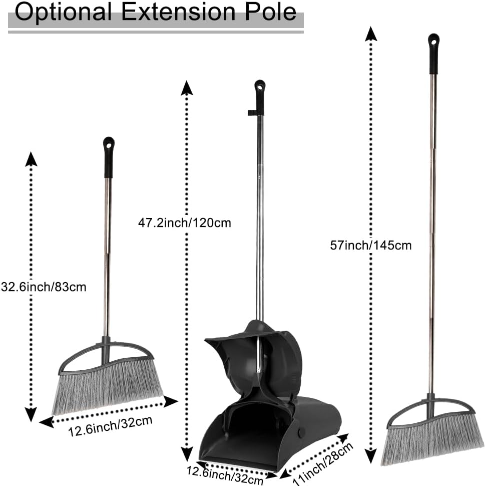 Long Handle Heavy Duty Broom and Dustpan Set, Outdoor and Commercial Upright Dustpan and Brush for Restaurant Garage Garden Yard Office,Black