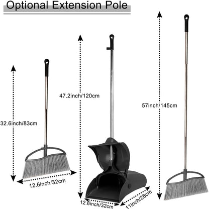 Long Handle Heavy Duty Broom and Dustpan Set, Outdoor and Commercial Upright Dustpan and Brush for Restaurant Garage Garden Yard Office,Black