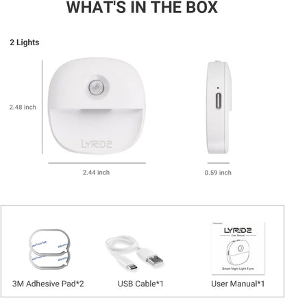 Lyridz Rechargeable Night Light, Motion Sensor Battery Nightlight, Mini Stick-on LED Closet Light, 1-20LM Dimmable Brightness for Bathroom, Bedroom, Kitchen, Washroom, Stairs, Hallway, 3-Pack