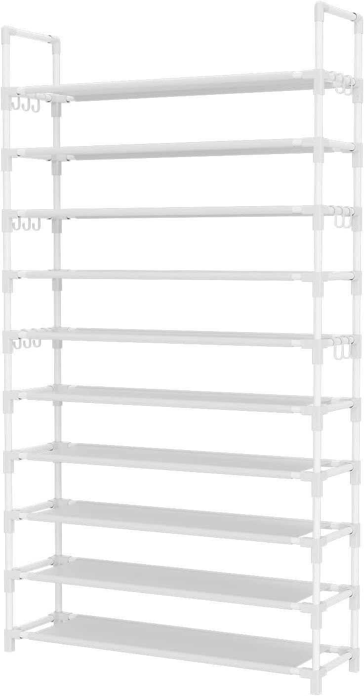 LANTEFUL 10 Tiers Tall Shoe Rack 20-25 Pairs Boots Organizer Storage Sturdy Narrow Shoe Shelf for Entryway, Closets with Hooks, Black