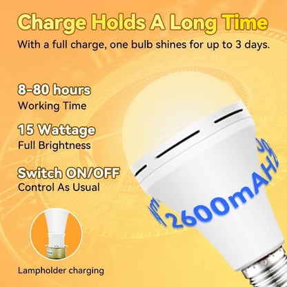 Neporal 4 Pack Emergency-Rechargeable-Light-Bulb, Stay Lights Up When Power Failure, 1500mAh 15W 80W Equivalent LED Light Bulbs for Home, Camping, Tent (E27, with Hook) (Daylight)