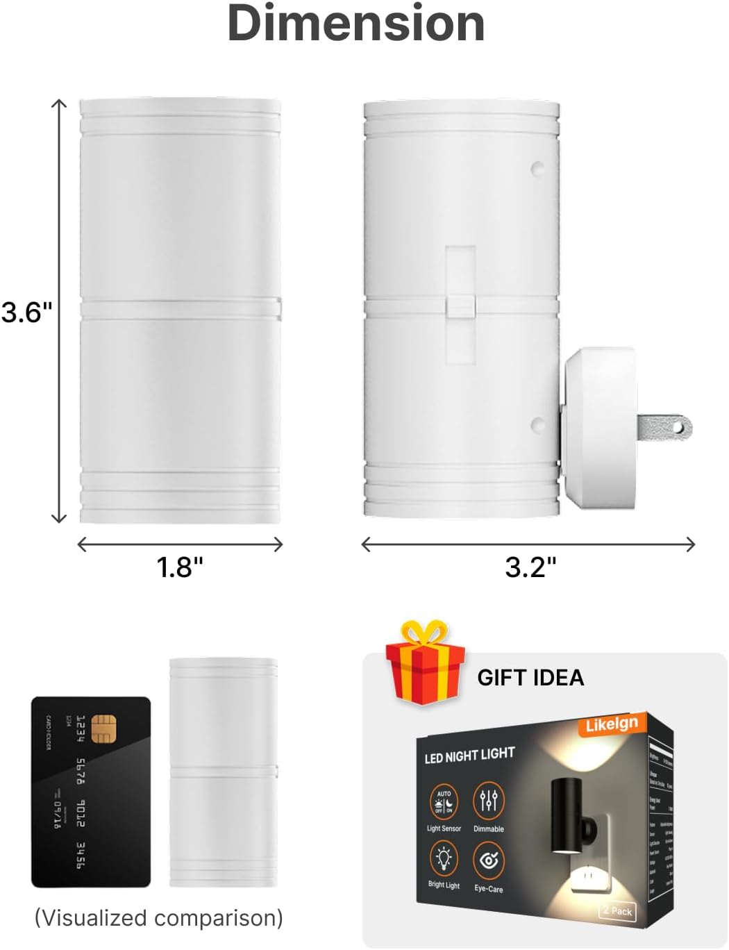Likelgn Night Light Plug into Wall, 2 Pack Dimmable LED Nightlight with Dusk to Dawn Sensor, Soft White Glow, for Hallway, Bathroom, Bedroom, Black