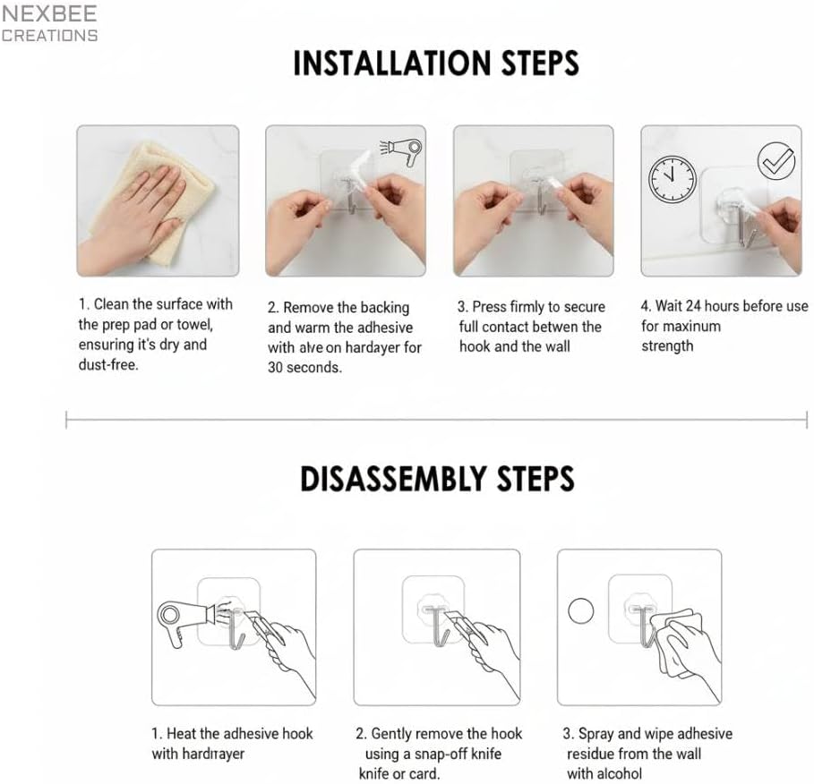 24 Pack Heavy Duty Self Adhesive Hooks-33lb(Max), Transparent Nail Free, Waterproof, Sticky Wall Hooks for Keys, Coat, Shower, Outdoor, Kitchen, Home Improvement.