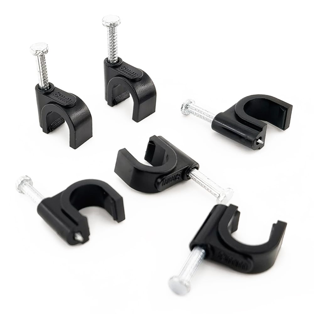 HS 7mm Ethernet Cat6 Cable Clips Clamps RG6 with Steel Nail (200 Pack) Wire Clips Black for Wall,Cord Management